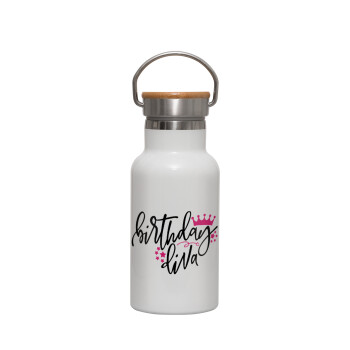 Birthday Diva queen, Metallic thermos (Stainless steel) White with wooden lid (bamboo), double-walled, 350ml