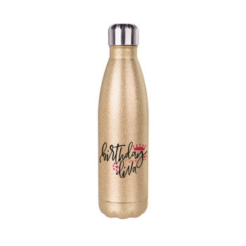 Birthday Diva queen, Glitter gold stainless steel thermos bottle, double-walled, 500ml