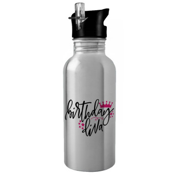 Birthday Diva queen, Water bottle Silver with straw, stainless steel 600ml