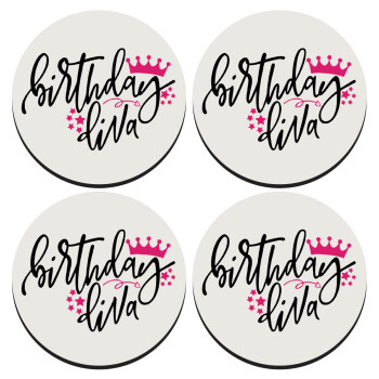 Birthday Diva queen, SET of 4 round wooden coasters (9cm)