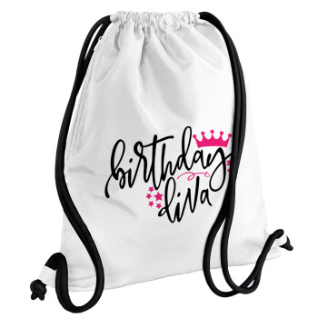 Birthday Diva queen, Backpack pouch GYMBAG white, with pocket (40x48cm) & thick cords