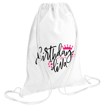 Birthday Diva queen, Backpack pouch GYMBAG white (28x40cm)