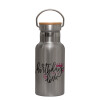 Stainless steel metallic thermos flask, silver with a bamboo lid, double-walled, 350ml.