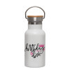 Metallic thermos (Stainless steel) White with wooden lid (bamboo), double-walled, 350ml