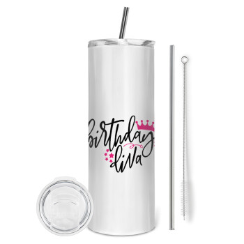 Birthday Diva queen, Eco friendly ποτήρι θερμό (tumbler) από ανοξείδωτο ατσάλι 600ml, με μεταλλικό καλαμάκι & βούρτσα καθαρισμού