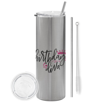 Birthday Diva queen, Tumbler stainless steel Silver 600ml, with metal straw & cleaning brush