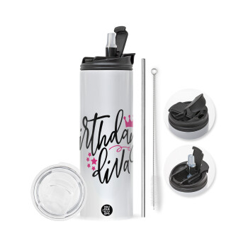 Birthday Diva queen, Travel Tumbler 2 Lids, with metal straw & cleaning brush (Stainless steel 304 Food grade, BPA free, 600ml)