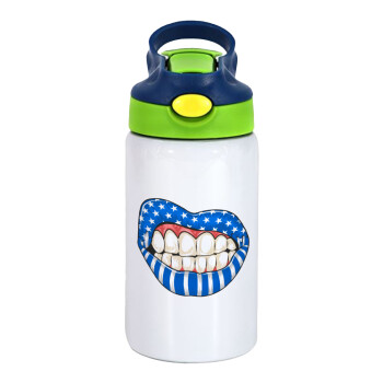 Ελληνική σημαία lips, Children's hot water bottle, stainless steel, with safety straw, green, blue (350ml)