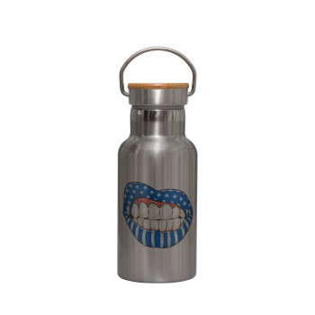 Ελληνική σημαία lips, Stainless steel metallic thermos flask, silver with a bamboo lid, double-walled, 350ml.