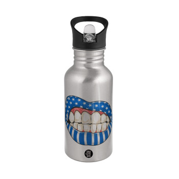 Ελληνική σημαία lips, Water bottle Silver with straw, stainless steel 500ml