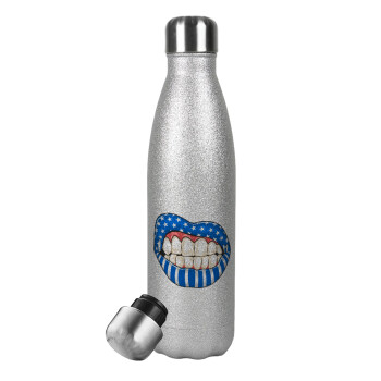 Ελληνική σημαία lips, Metallic Glitter Silver Thermos Flask (Stainless steel), double-walled, 500ml