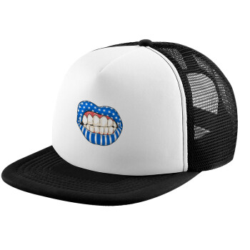 Ελληνική σημαία lips, Adult Soft Trucker Hat with Black/White Mesh (POLYESTER, ADULT, UNISEX, ONE SIZE)