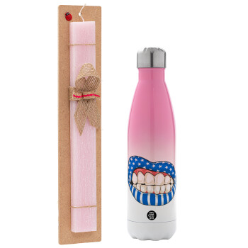 Ελληνική σημαία lips, Easter Set, Metallic pink/white (Stainless steel) thermos, double-walled, 500ml & aromatic flat Easter candle (30cm) (PINK)