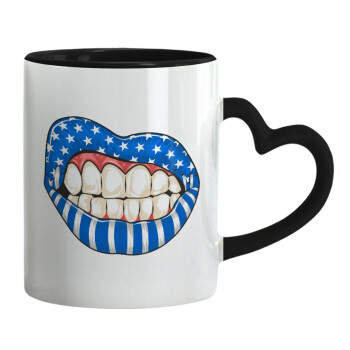 Ελληνική σημαία lips, Mug heart black handle, ceramic, 330ml