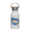 Metallic thermos (Stainless steel) White with wooden lid (bamboo), double-walled, 350ml