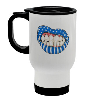 Ελληνική σημαία lips, Stainless steel travel mug with lid, double wall white 450ml