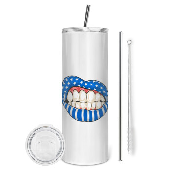 Ελληνική σημαία lips, Tumbler stainless steel 600ml, with metal straw & cleaning brush