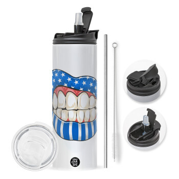 Ελληνική σημαία lips, Travel Tumbler 2 Lids, with metal straw & cleaning brush (Stainless steel 304 Food grade, BPA free, 600ml)