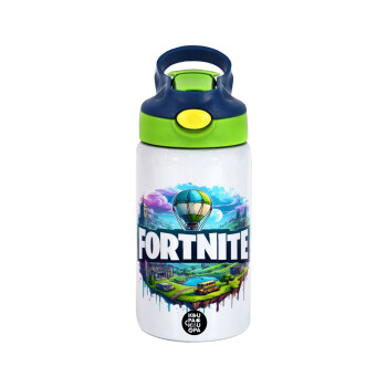 Fortnite land, Children's hot water bottle, stainless steel, with safety straw, green, blue (350ml)