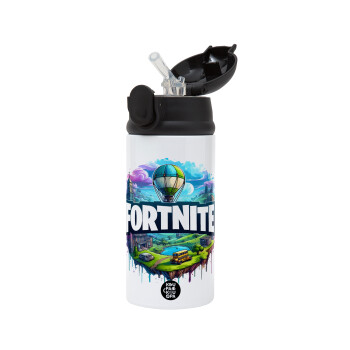 Fortnite land, Children's hot water bottle, stainless steel, with safety straw, Black (360ml) BPA-FREE