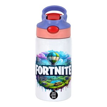 Fortnite land, Children's hot water bottle, stainless steel, with safety straw, pink/purple (350ml)