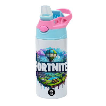 Fortnite land, Παιδικό παγούρι θερμό, ανοξείδωτο, με καλαμάκι ασφαλείας, Ροζ/Σιελ (360ml) BPA FREE