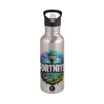 Fortnite land, Water bottle Silver with straw, stainless steel 600ml