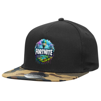 Fortnite land, Adult Flat Snapback Hat Black/Camouflage, (100% COTTON TWILL, ADULT, UNISEX, ONE SIZE)