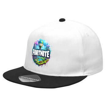 Fortnite land, Καπέλο Ενηλίκων Flat Snapback Λευκό/Μαύρο, (100% ΒΑΜΒΑΚΕΡΟ Twill, ΕΝΗΛΙΚΩΝ, UNISEX, ONE SIZE)