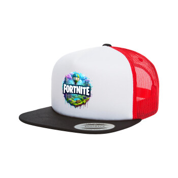 Fortnite land, Adult Foam Flat Snapback with Mesh Black-White-Red (POLYESTER, ADULT, UNISEX, ONE SIZE)