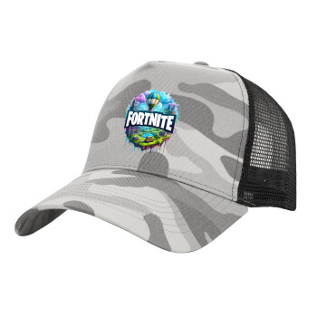 Fortnite land, Adult Structured Trucker Hat, with Mesh, (Camouflage) Army Camo (100% COTTON, ADULT, UNISEX, ONE SIZE)