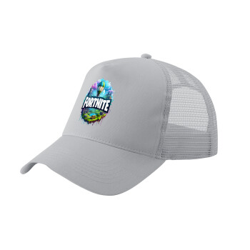 Fortnite land, Adult Structured Trucker Hat, with Mesh, GRAY (100% COTTON, ADULT, UNISEX, ONE SIZE)