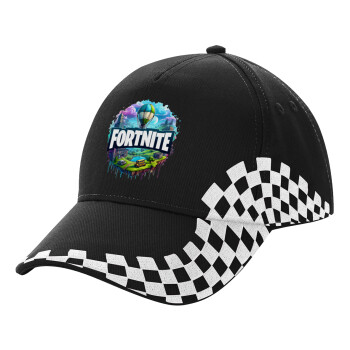 Fortnite land, Adult Ultimate BLACK RACING Cap, (100% COTTON DRILL, ADULT, UNISEX, ONE SIZE)