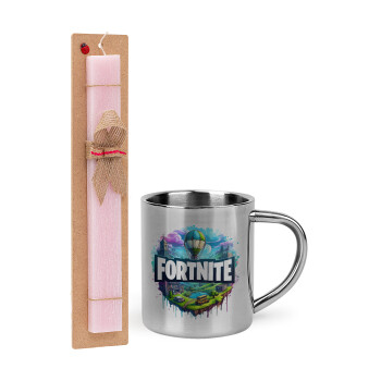 Fortnite land, Easter Set, metallic thermal cup (300ml) & aromatic flat Easter candle (30cm) (PINK)