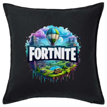 Fortnite land, Μαξιλάρι καναπέ Μαύρο 100% βαμβάκι, περιέχεται το γέμισμα (50x50cm)