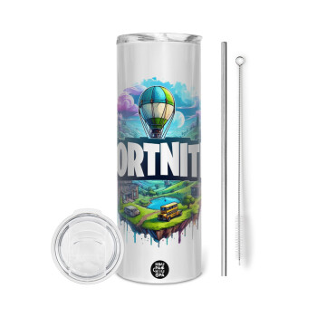 Fortnite land, Eco friendly stainless steel tumbler 600ml, with metal straw & cleaning brush