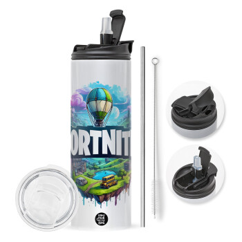 Fortnite land, Travel Tumbler θερμό με διπλό καπάκι, μεταλλικό καλαμάκι και βούρτσα καθαρισμού (Ανωξείδωτο 304 Food grade, BPA free, 600ml)