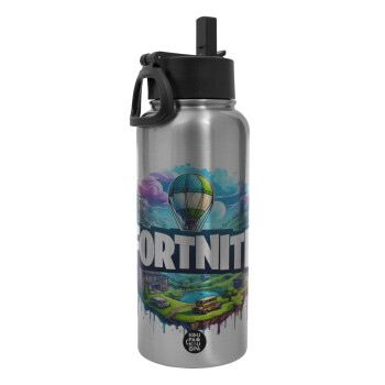 Fortnite land, Metal mug thermo Silver with Straw and Spout Lid (Stainless steel), double wall, 950ml