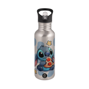 Stitch Pizza, Water bottle Silver with straw, stainless steel 600ml