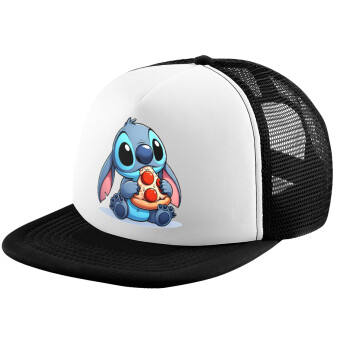 Stitch Pizza, Καπέλο παιδικό Soft Trucker με Δίχτυ ΜΑΥΡΟ/ΛΕΥΚΟ (POLYESTER, ΠΑΙΔΙΚΟ, ONE SIZE)