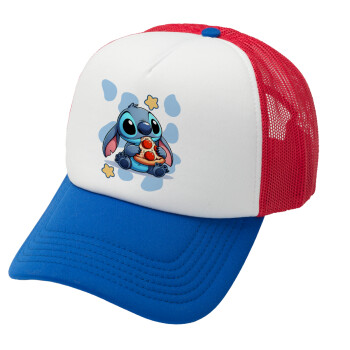 Stitch Pizza, Adult Soft Trucker Hat with Red/Blue/White Mesh (POLYESTER, ADULT, UNISEX, ONE SIZE)