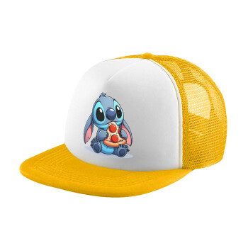 Stitch Pizza, Adult Soft Trucker Hat with Yellow/White Mesh (POLYESTER, ADULT, UNISEX, ONE SIZE)