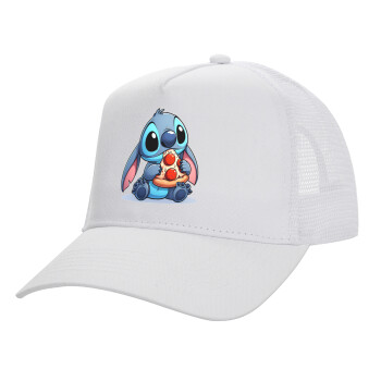 Stitch Pizza, Structured Trucker Adult Hat, with Mesh, WHITE (100% COTTON, ADULT, UNISEX, ONE SIZE)