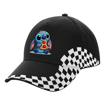 Stitch Pizza, Adult Ultimate BLACK RACING Cap, (100% COTTON DRILL, ADULT, UNISEX, ONE SIZE)