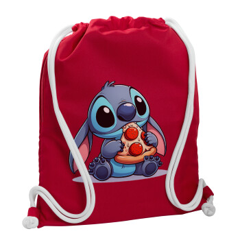 Stitch Pizza, Τσάντα πλάτης πουγκί GYMBAG Κόκκινη, με τσέπη (40x48cm) & χονδρά κορδόνια