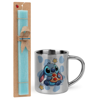 Stitch Pizza, Easter Set, metallic thermal cup (300ml) & aromatic flat Easter candle (30cm) (TURQUOISE)