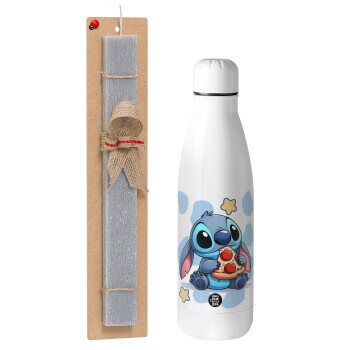 Stitch Pizza, Easter Set, metallic Inox water bottle (700ml) & Easter scented flat candle (30cm) (GRAY)