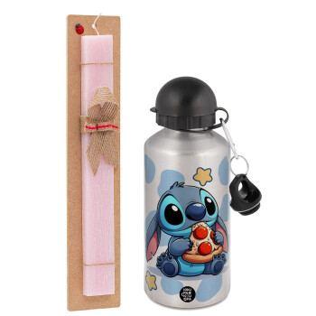 Stitch Pizza, Easter Set, metallic Silver aluminum water bottle (500ml) & scented flat Easter candle (30cm) (PINK)