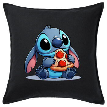 Stitch Pizza, Μαξιλάρι καναπέ Μαύρο 100% βαμβάκι, περιέχεται το γέμισμα (50x50cm)