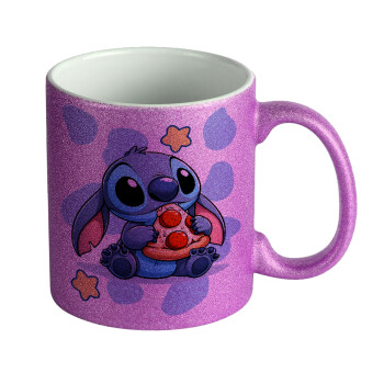 Stitch Pizza, Κούπα Μωβ Glitter που γυαλίζει, κεραμική, 330ml